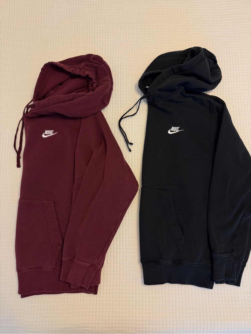 Nike Club Fleece Pullover Hoodies in Black and Burgundy - Medium & Large